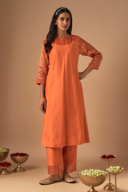 Buy Cupid Cotton Orange Chanderi Silk, Organza Lace, Raha Resham Embroidered Kurta And Pant Set Online at Aza Fashions Buy_Cupid Cotton_Orange Chanderi Silk, Organza Lace, Raha Resham Embroidered Kurta And Pant Set _Online_at_Aza_Fashions