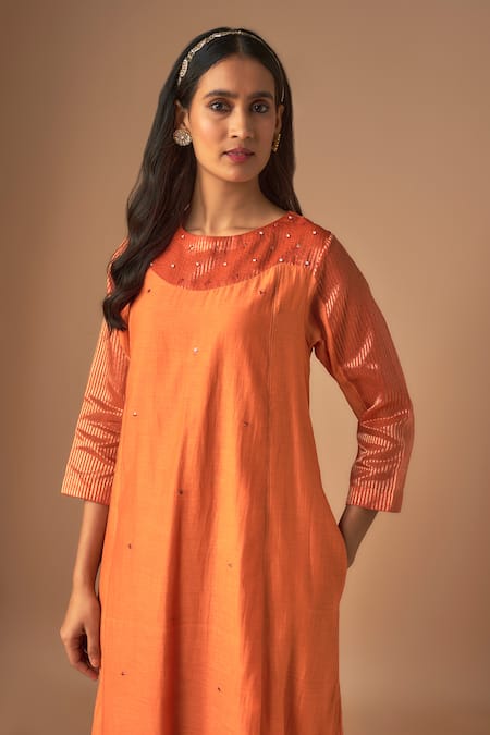 Shop Cupid Cotton Orange Chanderi Silk, Organza Lace, Raha Resham Embroidered Kurta And Pant Set Online at Aza Fashions Shop_Cupid Cotton_Orange Chanderi Silk, Organza Lace, Raha Resham Embroidered Kurta And Pant Set _Online_at_Aza_Fashions