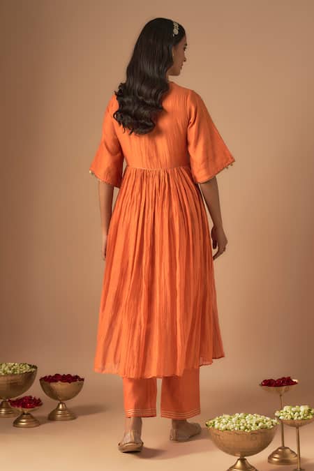 Shop Cupid Cotton Orange Chanderi Silk Lace, Sequins, Leher Kediyu Gathered Kurta And Pant Set at Aza Fashions Shop_Cupid Cotton_Orange Chanderi Silk Lace, Sequins, Leher Kediyu Gathered Kurta And Pant Set _at_Aza_Fashions