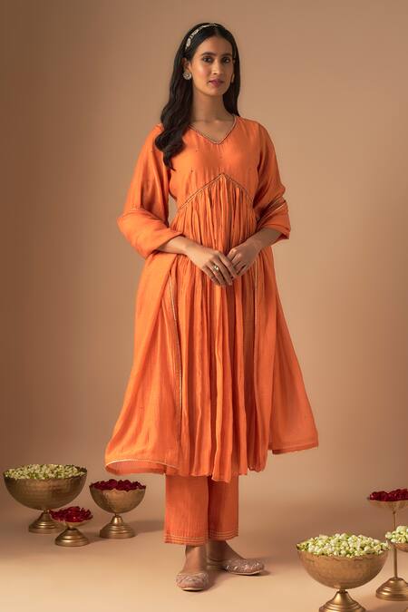 Cupid Cotton Orange Chanderi Silk Lace, Sequins, Leher Kediyu Gathered Kurta And Pant Set Online at Aza Fashions Cupid Cotton_Orange Chanderi Silk Lace, Sequins, Leher Kediyu Gathered Kurta And Pant Set _Online_at_Aza_Fashions
