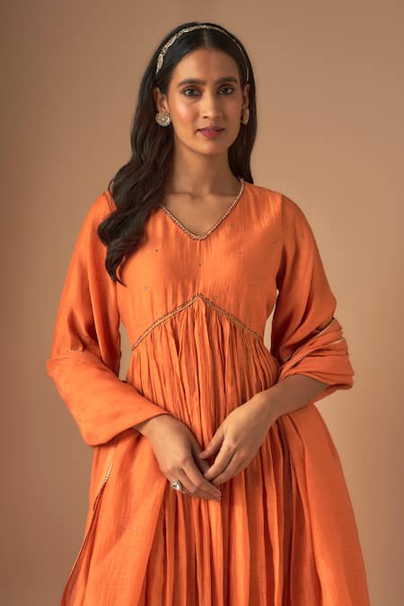 Buy Cupid Cotton Orange Chanderi Silk Lace, Sequins, Leher Kediyu Gathered Kurta And Pant Set Online at Aza Fashions Buy_Cupid Cotton_Orange Chanderi Silk Lace, Sequins, Leher Kediyu Gathered Kurta And Pant Set _Online_at_Aza_Fashions