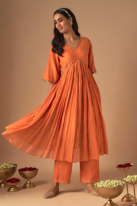 Shop Cupid Cotton Orange Chanderi Silk Lace, Sequins, Leher Kediyu Gathered Kurta And Pant Set Online at Aza Fashions Shop_Cupid Cotton_Orange Chanderi Silk Lace, Sequins, Leher Kediyu Gathered Kurta And Pant Set _Online_at_Aza_Fashions