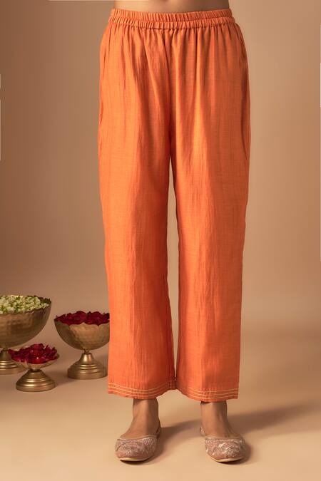Shop Cupid Cotton Orange Chanderi Silk Sequins Leher Kediyu Embroidered Gathered Kurta With Pant Online at Aza Fashions Shop_Cupid Cotton_Orange Chanderi Silk Sequins Leher Kediyu Embroidered Gathered Kurta With Pant _Online_at_Aza_Fashions