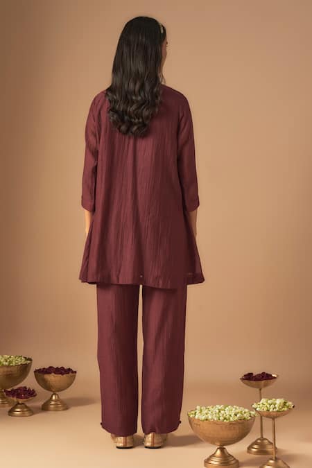 Shop Cupid Cotton Maroon Chanderi Silk Pearls, Afrin Resham Embroidered Short Tunic With Pant at Aza Fashions Shop_Cupid Cotton_Maroon Chanderi Silk Pearls, Afrin Resham Embroidered Short Tunic With Pant _at_Aza_Fashions