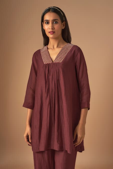 Buy Cupid Cotton Maroon Chanderi Silk Pearls, Afrin Resham Embroidered Short Tunic With Pant Online at Aza Fashions Buy_Cupid Cotton_Maroon Chanderi Silk Pearls, Afrin Resham Embroidered Short Tunic With Pant _Online_at_Aza_Fashions