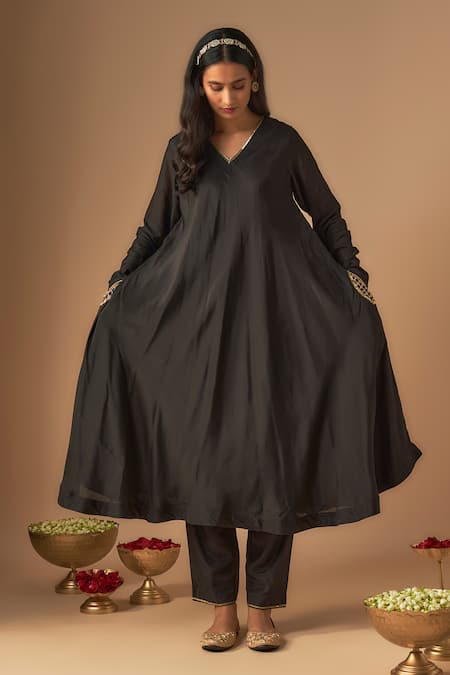 Cupid Cotton_Black Organza, Cotton, Silk Sequins, Shabnam Jaal A-line Kurta And Pant Set _Online_at_Aza_Fashions