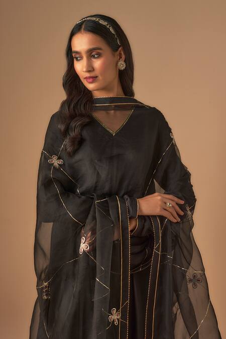 Buy_Cupid Cotton_Black Organza, Cotton, Silk Sequins, Shabnam Jaal A-line Kurta And Pant Set _Online_at_Aza_Fashions