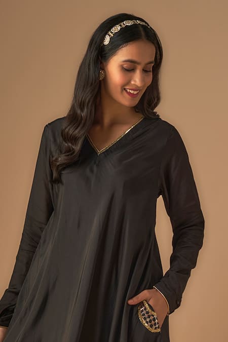 Shop_Cupid Cotton_Black Organza, Cotton, Silk Sequins, Shabnam Jaal A-line Kurta With Pant _Online_at_Aza_Fashions