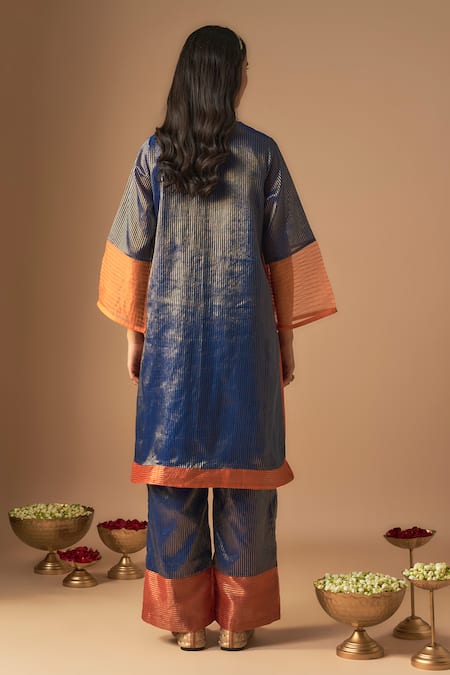 Shop_Cupid Cotton_Orange Organza, Tissue Sequins, Ilham Striped Pattern Kurta With Pleated Pant _at_Aza_Fashions