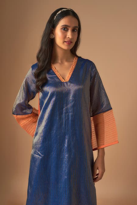 Cupid Cotton_Orange Organza, Tissue Sequins, Ilham Striped Pattern Kurta With Pleated Pant _Online_at_Aza_Fashions