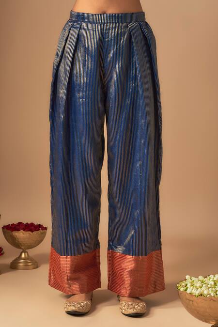 Buy_Cupid Cotton_Orange Organza, Tissue Sequins, Ilham Striped Pattern Kurta With Pleated Pant _Online_at_Aza_Fashions