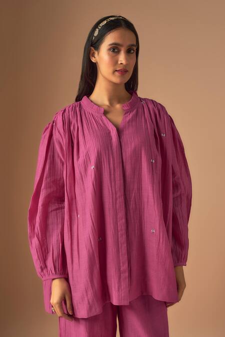 Cupid Cotton_Pink Chanderi Silk Pearls, Sequins Collared Shaheen Gathered Tunic With Pant _Online_at_Aza_Fashions