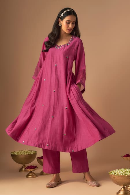 Cupid Cotton Pink Organza, Chanderi Silk Piping, Lace, Jheel Floral A-line Kurta And Pant Set at Aza Fashions Cupid Cotton_Pink Organza, Chanderi Silk Piping, Lace, Jheel Floral A-line Kurta And Pant Set _at_Aza_Fashions