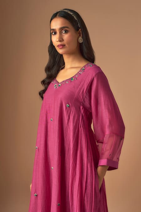 Cupid Cotton Pink Organza, Chanderi Silk Embroidery, Jheel Floral A-line Kurta With Pant Online at Aza Fashions Cupid Cotton_Pink Organza, Chanderi Silk Embroidery, Jheel Floral A-line Kurta With Pant _Online_at_Aza_Fashions