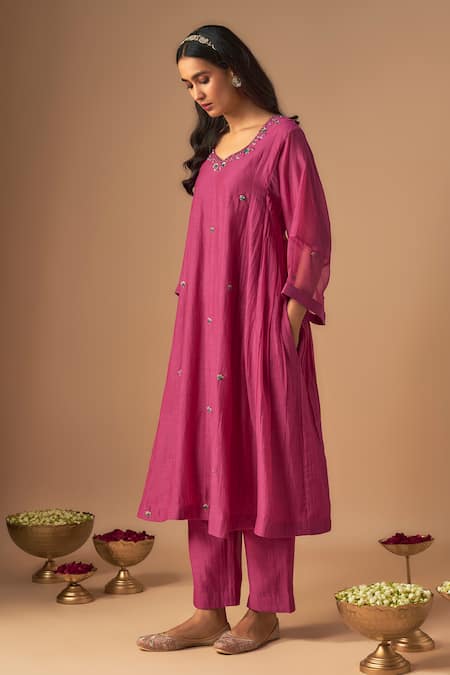 Shop Cupid Cotton Pink Organza, Chanderi Silk Embroidery, Jheel Floral A-line Kurta With Pant Online at Aza Fashions Shop_Cupid Cotton_Pink Organza, Chanderi Silk Embroidery, Jheel Floral A-line Kurta With Pant _Online_at_Aza_Fashions
