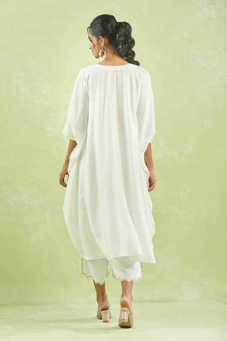 Kanika Sharma Ivory Modal Beads, Stones, Cut Work Floral Embroidered Yoke Kaftan With Palazzo Online at Aza Fashions Kanika Sharma_Ivory Modal Beads, Stones, Cut Work Floral Embroidered Yoke Kaftan With Palazzo _Online_at_Aza_Fashions