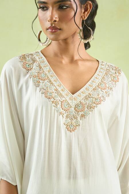 Buy Kanika Sharma Ivory Modal Beads, Stones, Cut Work Floral Embroidered Yoke Kaftan With Palazzo Online at Aza Fashions Buy_Kanika Sharma_Ivory Modal Beads, Stones, Cut Work Floral Embroidered Yoke Kaftan With Palazzo _Online_at_Aza_Fashions