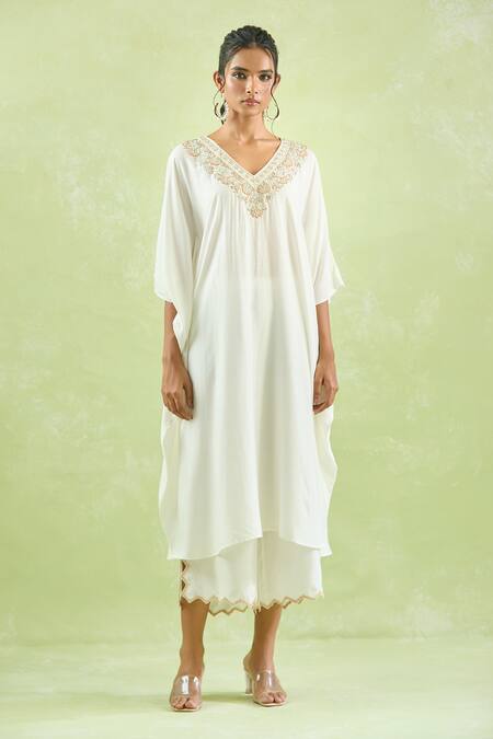 Shop Kanika Sharma Ivory Modal Beads, Stones, Cut Work Floral Embroidered Yoke Kaftan With Palazzo Online at Aza Fashions Shop_Kanika Sharma_Ivory Modal Beads, Stones, Cut Work Floral Embroidered Yoke Kaftan With Palazzo _Online_at_Aza_Fashions