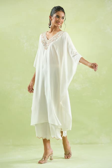 Buy Kanika Sharma Ivory Modal Beads, Stones, Cut Work Floral Embroidered Yoke Kaftan With Palazzo Buy_Kanika Sharma_Ivory Modal Beads, Stones, Cut Work Floral Embroidered Yoke Kaftan With Palazzo