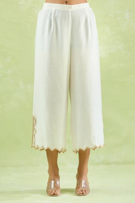 Shop Kanika Sharma Ivory Modal Beads, Stones, Cut Work Floral Embroidered Yoke Kaftan With Palazzo Shop_Kanika Sharma_Ivory Modal Beads, Stones, Cut Work Floral Embroidered Yoke Kaftan With Palazzo