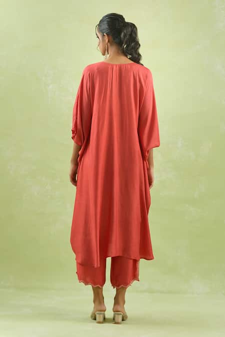 Kanika Sharma_Red Modal Beads, Stones, Embroidery V-neck Floral Kaftan With Palazzo _Online_at_Aza_Fashions