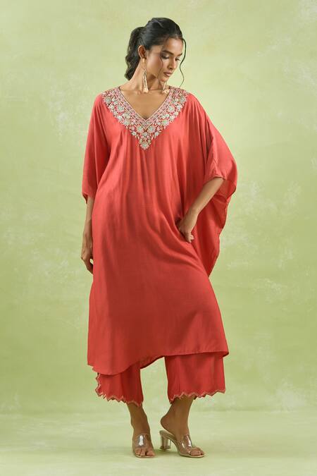 Buy_Kanika Sharma_Red Modal Beads, Stones, Embroidery V-neck Floral Kaftan With Palazzo _Online_at_Aza_Fashions