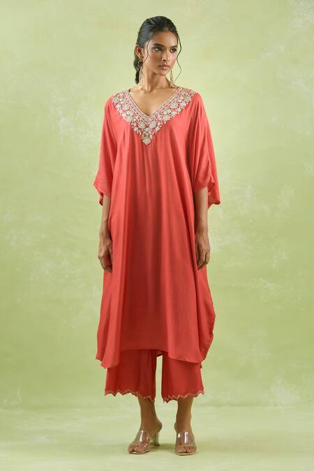 Kanika Sharma_Red Modal Beads, Stones, Embroidery V-neck Floral Kaftan With Palazzo _at_Aza_Fashions