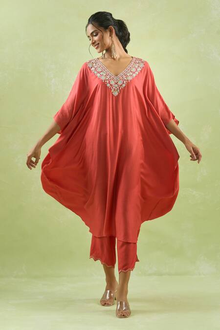 Buy_Kanika Sharma_Red Modal Beads, Stones, Embroidery V-neck Floral Kaftan With Palazzo 