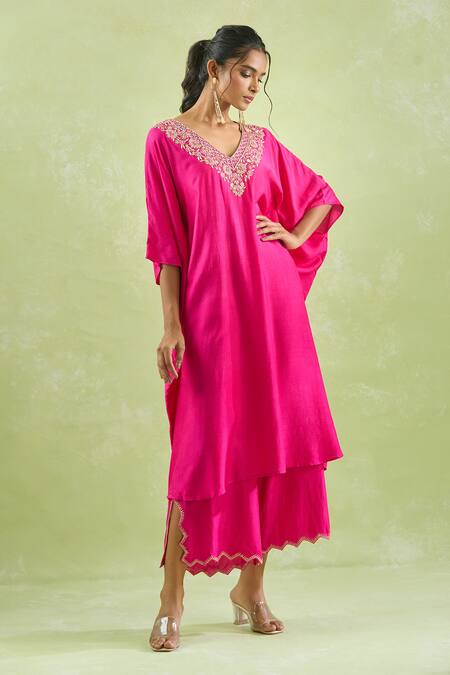 Buy Kanika Sharma Pink Modal Beads, Stones V-neck Floral Thread Embroidered Kaftan With Palazzo Online at Aza Fashions Buy_Kanika Sharma_Pink Modal Beads, Stones V-neck Floral Thread Embroidered Kaftan With Palazzo _Online_at_Aza_Fashions