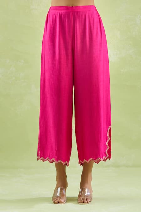 Shop Kanika Sharma Pink Modal Beads, Stones V-neck Floral Thread Embroidered Kaftan With Palazzo Online at Aza Fashions Shop_Kanika Sharma_Pink Modal Beads, Stones V-neck Floral Thread Embroidered Kaftan With Palazzo _Online_at_Aza_Fashions