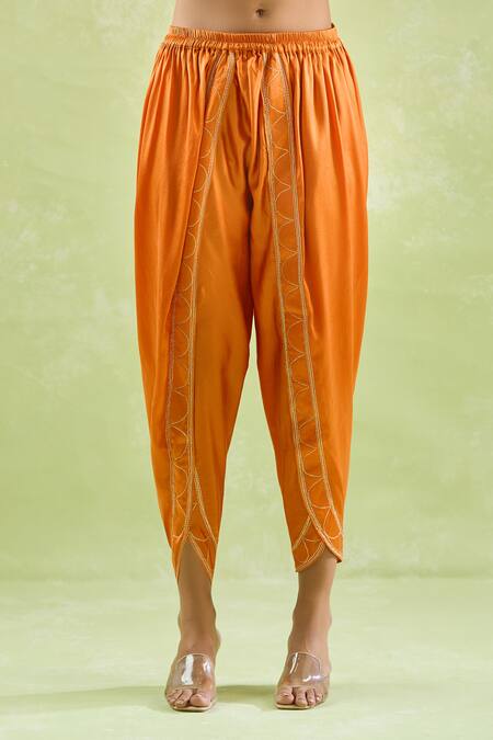 Buy_Kanika Sharma_Orange Chanderi Silk, Crepe Embroidery, Beads, Asymmetric Kaftan And Dhoti Set For Kids_Online_at_Aza_Fashions