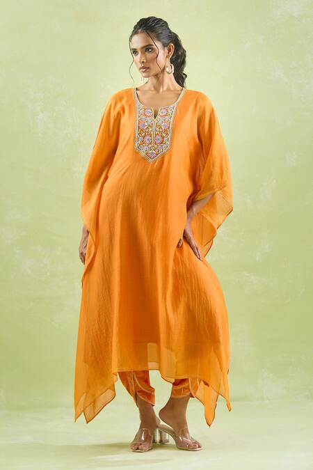 Shop_Kanika Sharma_Orange Chanderi Silk, Crepe Embroidery, Beads, Asymmetric Kaftan And Dhoti Set For Kids_Online_at_Aza_Fashions