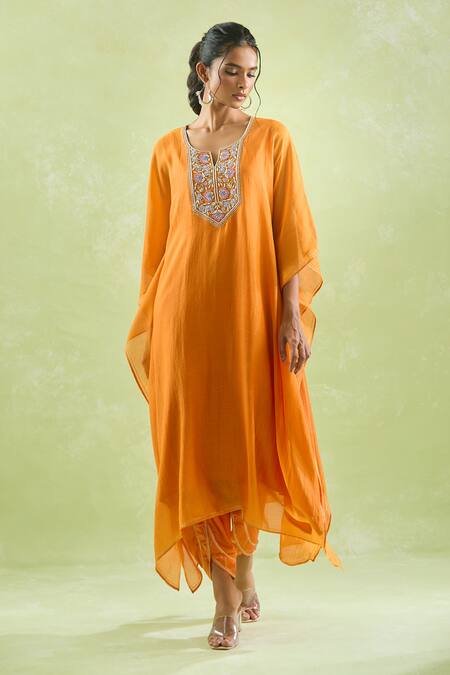 Kanika Sharma_Orange Chanderi Silk, Crepe Embroidery, Beads, Asymmetric Kaftan And Dhoti Set For Kids_at_Aza_Fashions