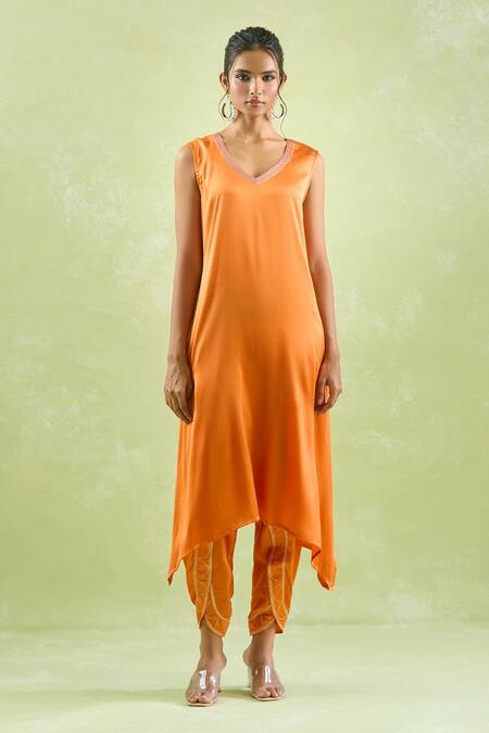 Buy_Kanika Sharma_Orange Chanderi Silk, Crepe Embroidery, Beads, Asymmetric Kaftan And Dhoti Set For Kids