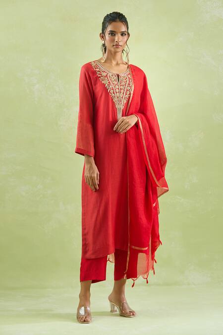 Kanika Sharma_Red Chanderi Silk, Modal Embroidery, Beads, Stones Floral Kurta And Pant Set For Kids_at_Aza_Fashions