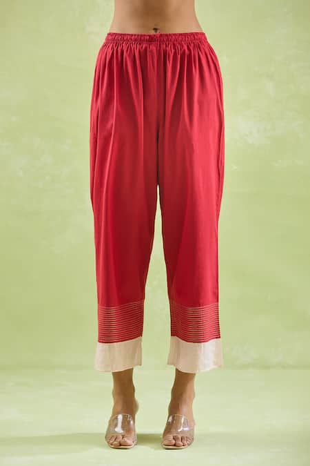 Shop_Kanika Sharma_Red Chanderi Silk, Modal Beads, Stones, Embroidery Floral V-neck Kurta Set For Kids_Online_at_Aza_Fashions