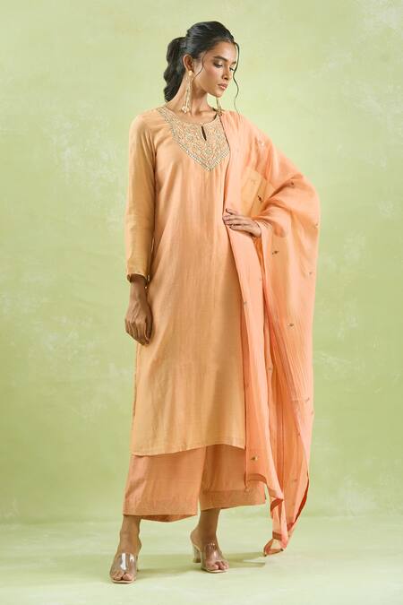 Buy_Kanika Sharma_Peach Chanderi Silk, Modal Embroidery, Gota Patti Kurta Set For Kids_Online_at_Aza_Fashions