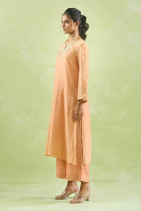 Shop_Kanika Sharma_Peach Chanderi Silk, Modal Embroidery, Gota Patti Kurta Set For Kids_Online_at_Aza_Fashions