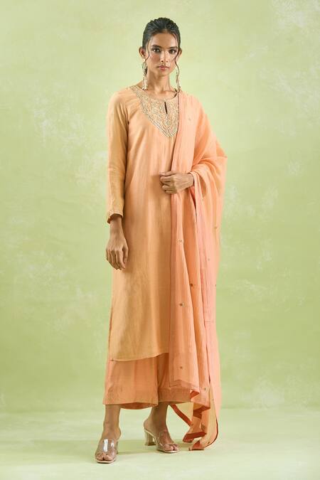 Buy_Kanika Sharma_Peach Chanderi Silk, Modal Embroidery, Gota Patti Kurta Set For Kids