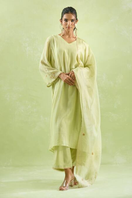 Buy_Kanika Sharma_Green Chanderi Silk, Modal Gota Patti, Embroidery Floral Kurta Set For Kids_Online_at_Aza_Fashions