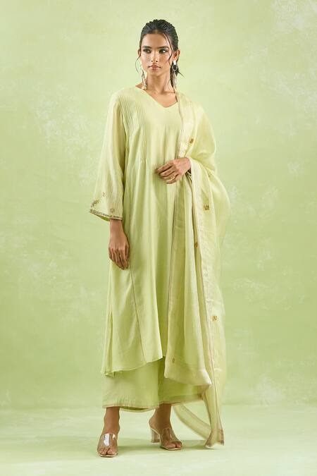 Kanika Sharma_Green Chanderi Silk, Modal Gota Patti, Embroidery Floral Kurta Set For Kids_at_Aza_Fashions