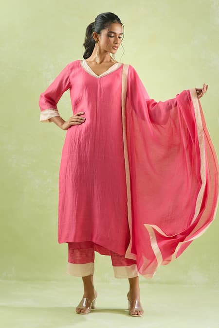 Buy_Kanika Sharma_Pink Chanderi Silk, Modal Beads Kurta Pant Set For Kids_Online_at_Aza_Fashions