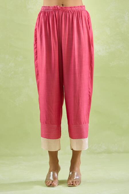 Kanika Sharma_Pink Chanderi Silk, Modal Beads Kurta Pant Set For Kids_at_Aza_Fashions