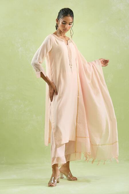 Buy_Kanika Sharma_Peach Chanderi Silk, Modal, Kota Doria Pearls, Beads, Embroidery Kurta Set For Kids_Online_at_Aza_Fashions