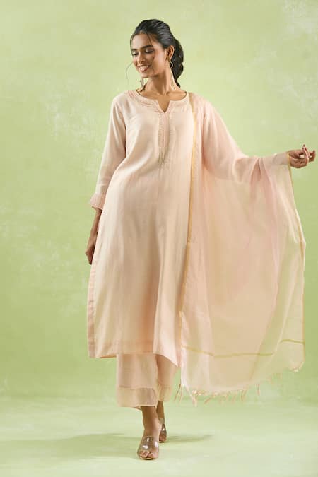 Shop_Kanika Sharma_Peach Chanderi Silk, Modal, Kota Doria Pearls, Beads, Embroidery Kurta Set For Kids_Online_at_Aza_Fashions