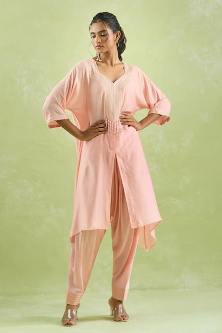 Buy_Kanika Sharma_Peach Modal Beads, Crystals, Embroidery Thread Kurta Set For Kids_Online_at_Aza_Fashions