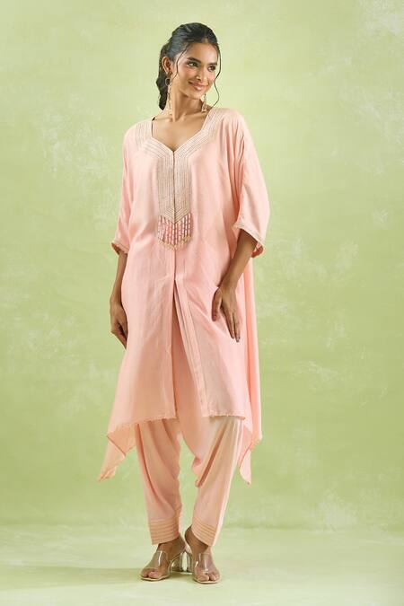 Shop_Kanika Sharma_Peach Modal Beads, Crystals, Embroidery Thread Kurta Set For Kids_Online_at_Aza_Fashions