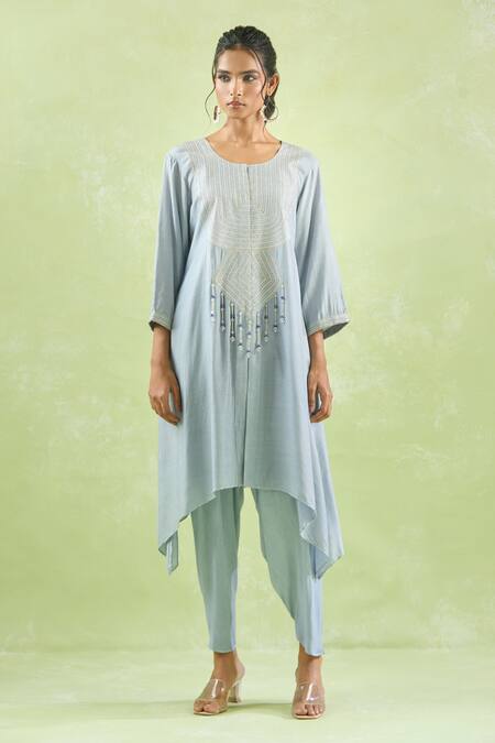 Shop_Kanika Sharma_Gray Modal Beads, Crystals Asymmetric Hem Embroidered Kurta And Pant Set For Kids_Online_at_Aza_Fashions