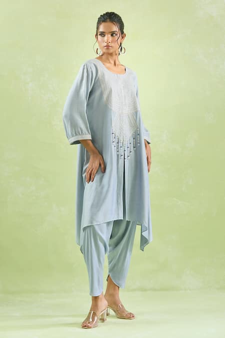 Kanika Sharma_Gray Modal Beads, Crystals Asymmetric Hem Embroidered Kurta And Pant Set For Kids_at_Aza_Fashions