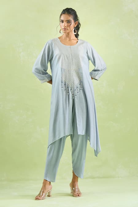 Buy_Kanika Sharma_Gray Modal Beads, Crystals Asymmetric Hem Embroidered Kurta And Pant Set For Kids